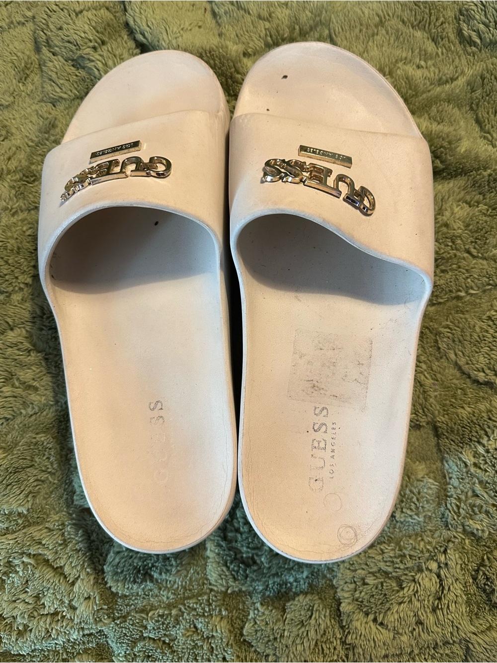 Guess White Slides with Gold Logo Chain